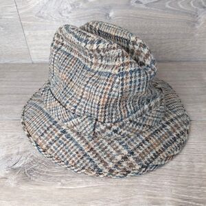 Vintage Borsalino Fedora Hat Mens Size 7 1/8 Brown Tweed Check Grandpa Detective